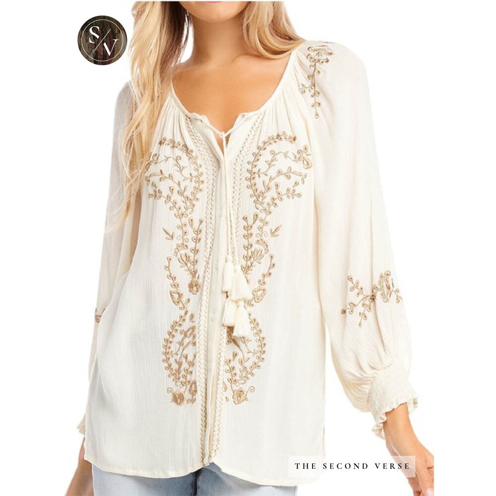 Karen Kane Long Sleeve Embroidery Crinkle Gauze Boho Top Cream Size‎ Medium